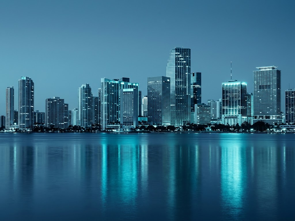 Miami, Florida skyline at night, viewed across the water