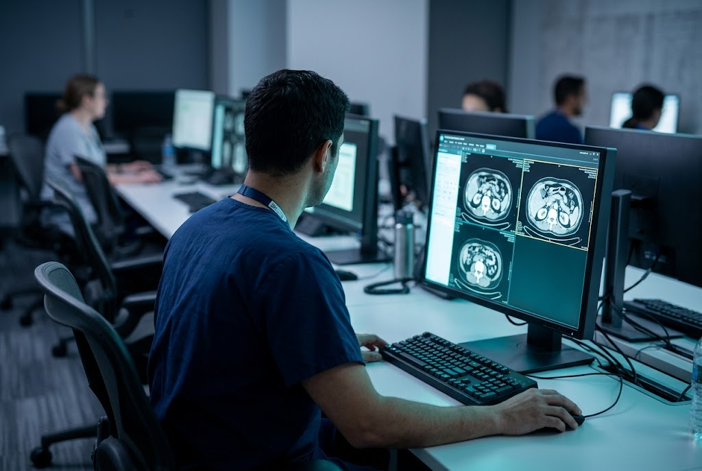 Imaging professional reviewing a diagnostic scan in a modern reading room