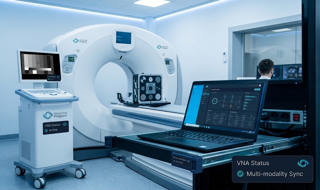 PET/CT scanner suite in a clinical trial imaging setting, with a calibration phantom on the scanner table and a laptop showing network and VNA sync status