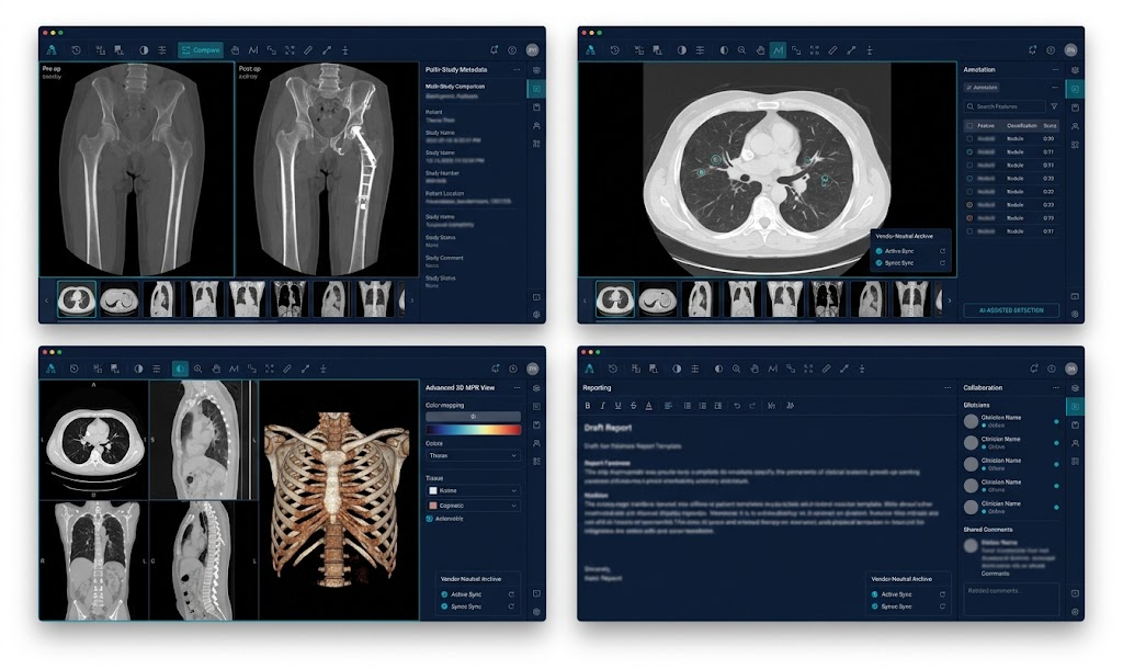 Purview Image cloud PACS interface showing multi-study comparison, AI-assisted lung nodule detection, 3D MPR reconstruction, and collaborative reporting