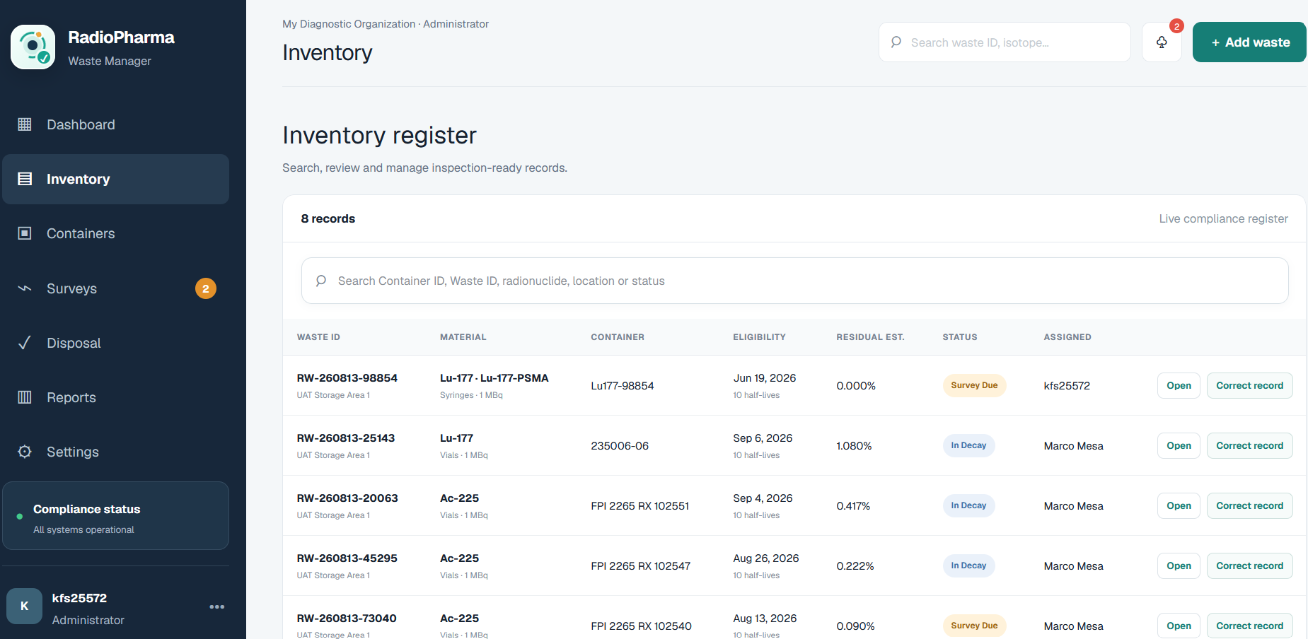 RadioPharma Waste Manager inventory register listing waste IDs, radionuclides, containers, eligibility dates, and status